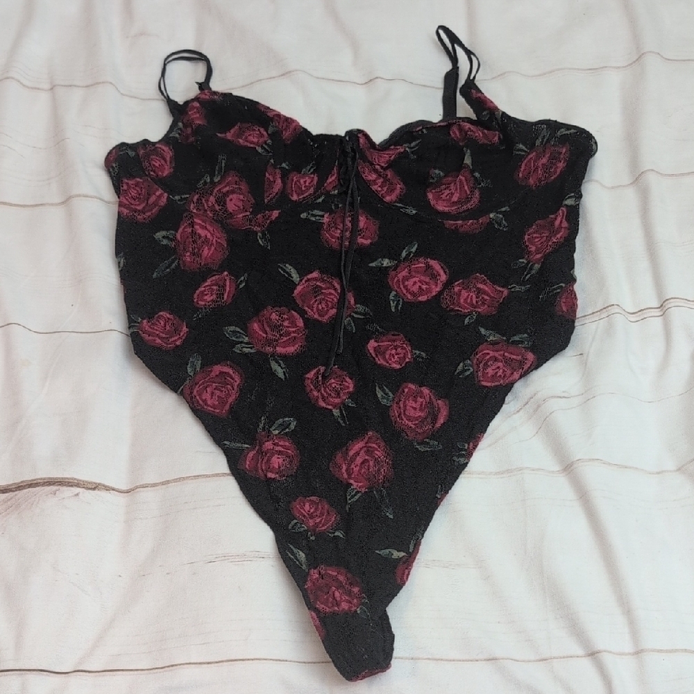 Cacique Black Red Rose Lace Thong Bodysuit Womens 22/24 Plus Size Lingerie